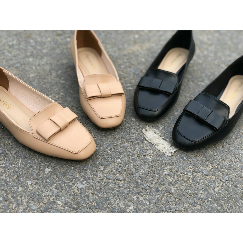 Giày moka bệt mũi vuông gắn nơ ngang