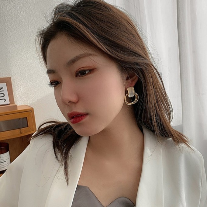Bông tai kim bạc đính đá opal đơn giản phong cách Hàn Quốc cho nữ
