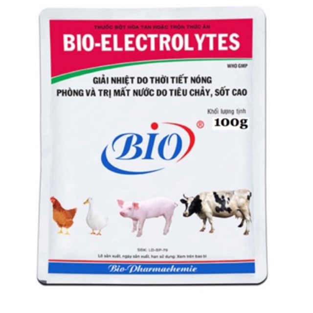 Bio Electrolytes 100g giải nhiệt do thời tiết, phòng và tri mất nước trên vật nuôi.