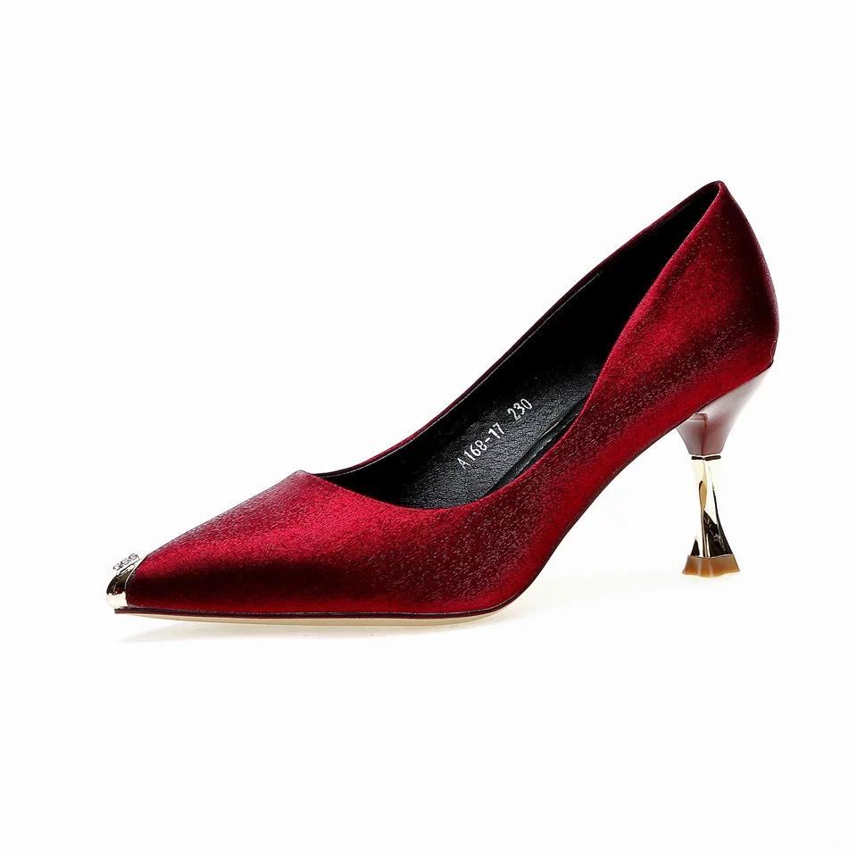 Mid-heel pointed toe shoes women's stiletto red dress toe high heels 7cm