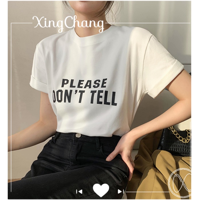 Áo thun trắng nữ tay ngắn cổ tròn chất cotton cao cấp đẹp thanh lịch in Don't Tell mã NXC84