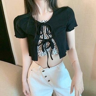 SET ÁO DÂY BEO VÀ ÁO KHOÁC CROPTOP THUN GÂN KIỂU NỮ TAY NGẮN CỘT DÂY KÉP CÓ THỂ MẶC RỜI