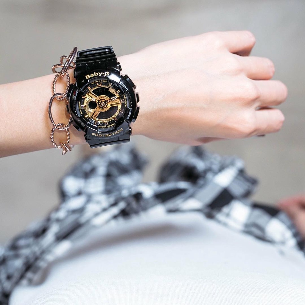 Đồng hồ nữ Baby-G BA110 ĐEN VÀNG BÓNG, Chống nước 200M,Tặng kèm pin dự phòng, Bảo hành 12 tháng
