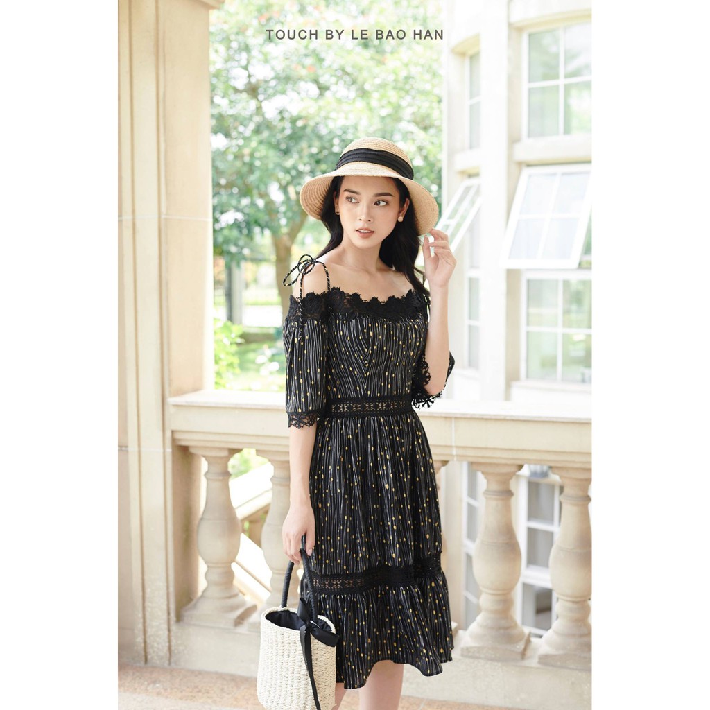Đầm xoè voan hoa chấm bi thiết kế cao cấp dây buộc trễ vai mát mùa hè đi dạo phố đi du lịch biển - thương hiệu LEBAOHAN