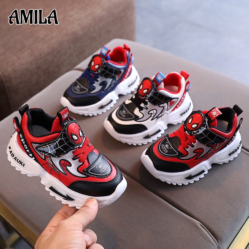 Giày thể thao AMILA bằng da cotton đế nhẹ chống trượt hình người nhện thời trang mùa thu cho bé trai