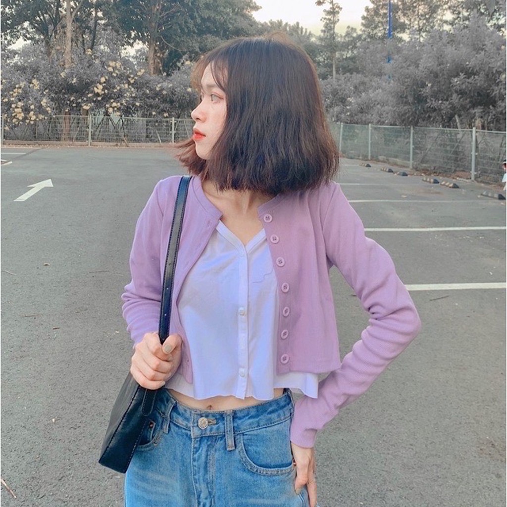 Áo khoác cardigan Nữ len dáng lửng cạp cao Hàn Quốc dưới 65Kg, Áo croptop tay dài, Áo Croptop Yan 7 cúc dài tay Saikuti