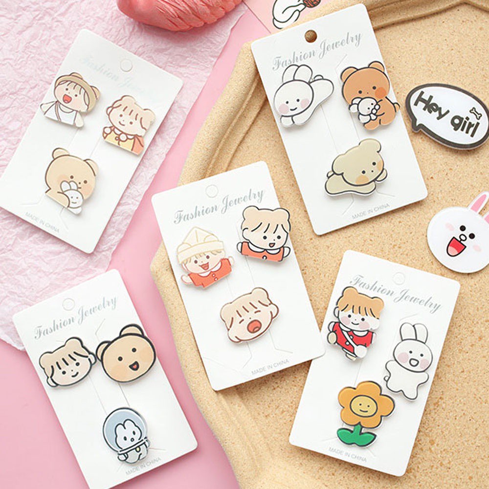 Set 3 Ghim Cài Áo Hình Thỏ / Bông Hoa Bằng Acrylic Thời Trang Nhật Bản Cho Nữ