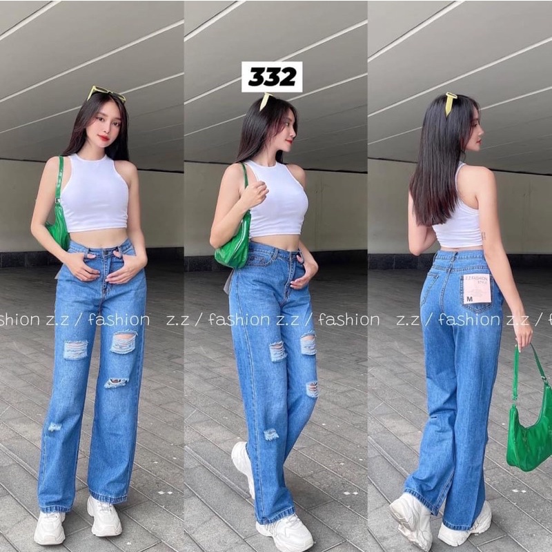 332 quần jean nữ ống rộng lưng cao phong cách hàn quốc , năng động, chất bò dày dặn thoải mái khi mặc