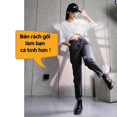 Quần Jean Nữ Dáng Baggy Rách Gấu Cạp Cao Màu Đen Xám Khói Ôm Eo GUF Size L