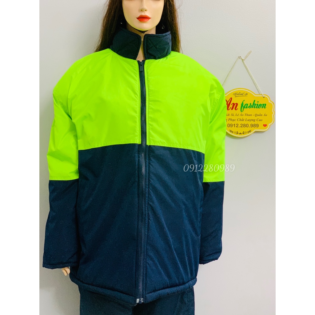 Quần áo bảo hộ trong kho đông lạnh -30 độ có lót lông ấm áp màu xanh đen phối xanh neon _ Hình chụp thật