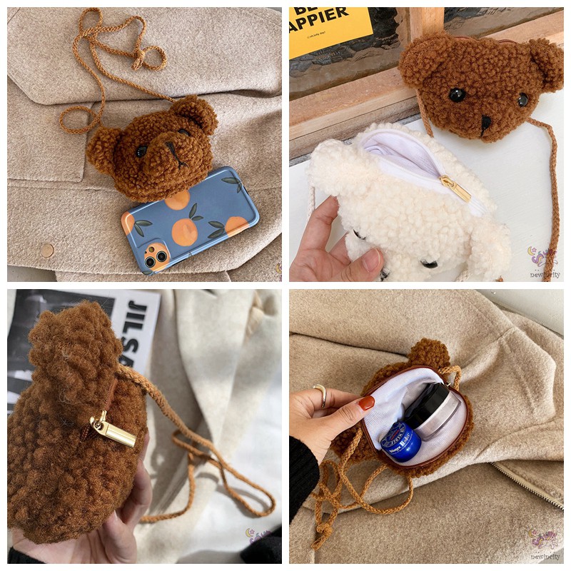 Túi đeo vai bằng lông cừu thiết kế hình gấu hoạt họa phong cách Hàn Quốc đáng yêu cho bé