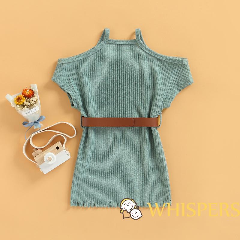 WHISPERS-1-6Y Summer Fashion Baby Girls Dress With Belt Off Shoulder Solid Color Tassel Hem Straight Dresses Clothing