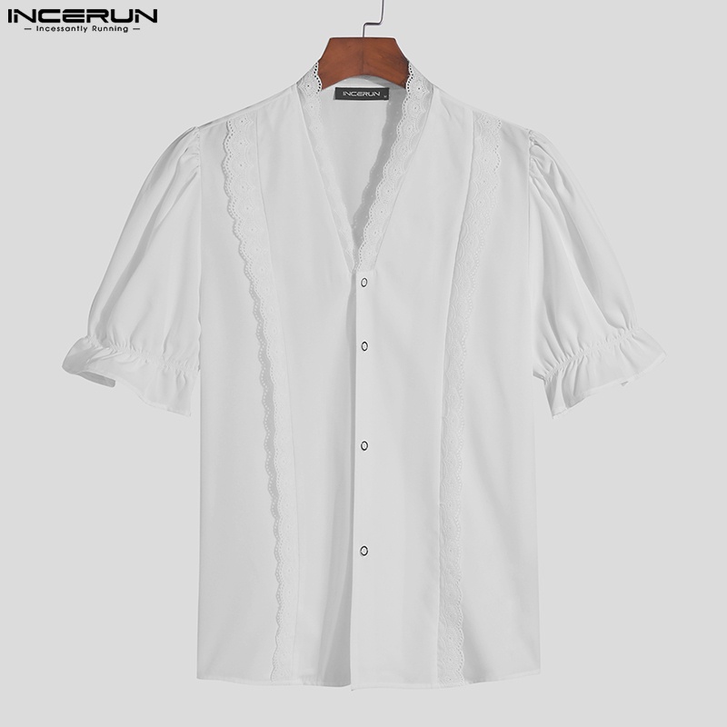 Áo sơ mi trắng INCERUN tay ngắn phồng cổ chữ v cài nút thanh lịch thời trang cho nam