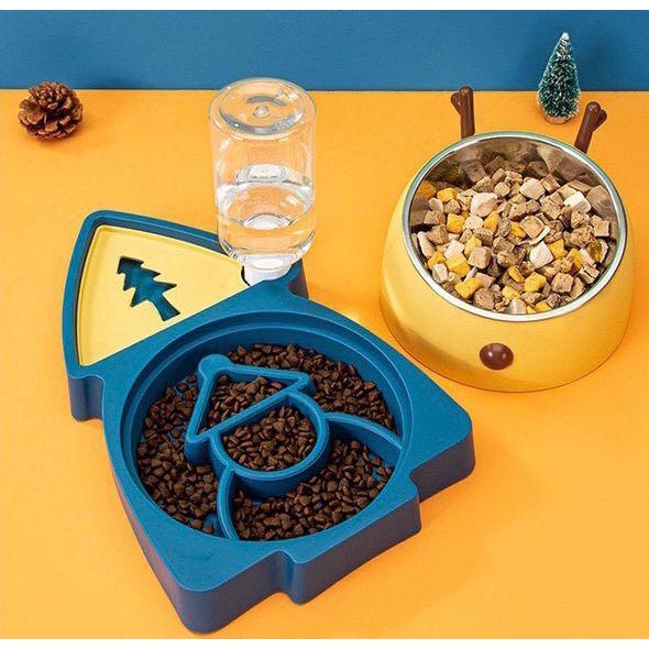 Bát/Chén ăn kèm bình nước cho chó mèo hình cây thông Noel