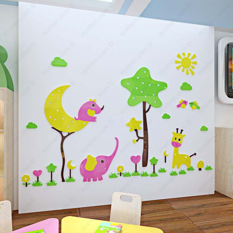 Tranh dán tường mica 3d decor khổ lớn khu vườn thú dễ thương trang trí mầm non, phòng cho bé Nhiều Size - EPeBen