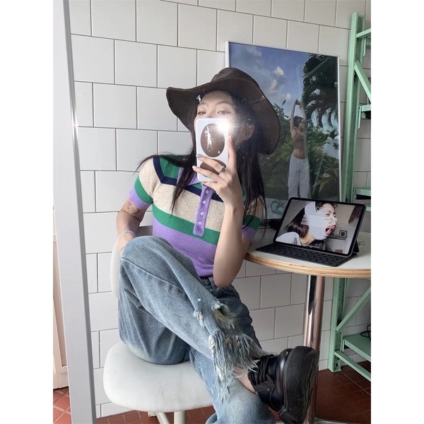áo len dệt kim croptop cổ polo mix hàng khuy - sọc kẻ ngang phối màu hot trend