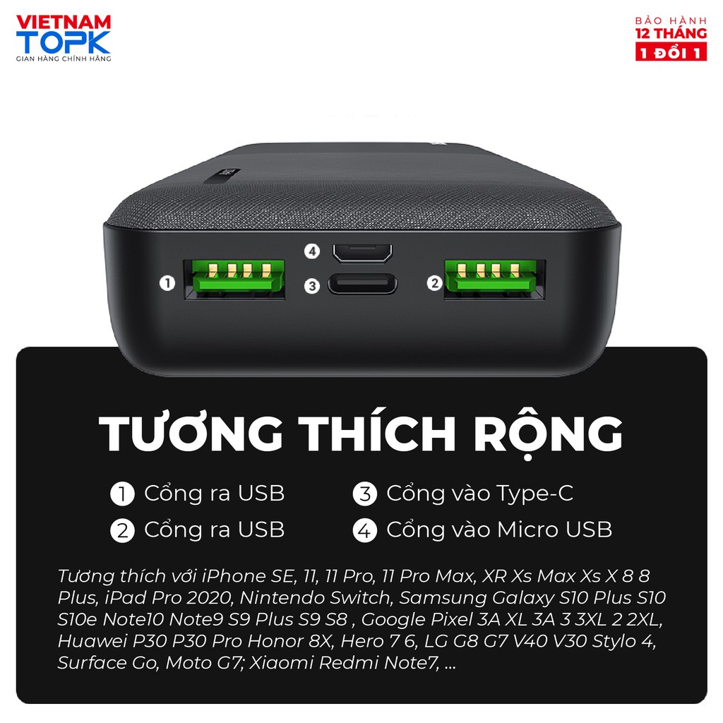 Sạc Dự Phòng TOPK I2009 20000mAh - Cổng USB Kép, Thiết Kế Nhỏ Gọn Tiện Lợi Cho Xiaomi/ Samsung/ iPhone