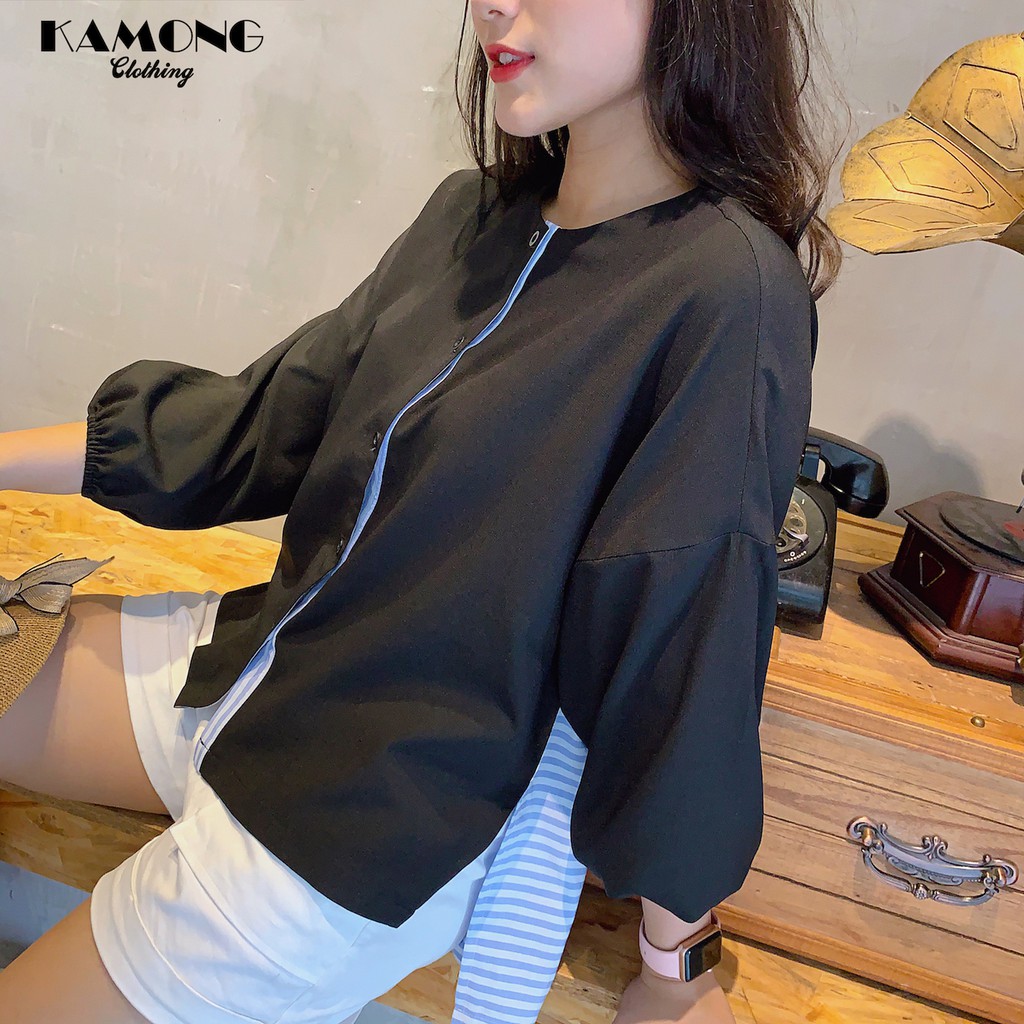 Áo sơ mi cổ tròn xẻ tà KAMONG A012