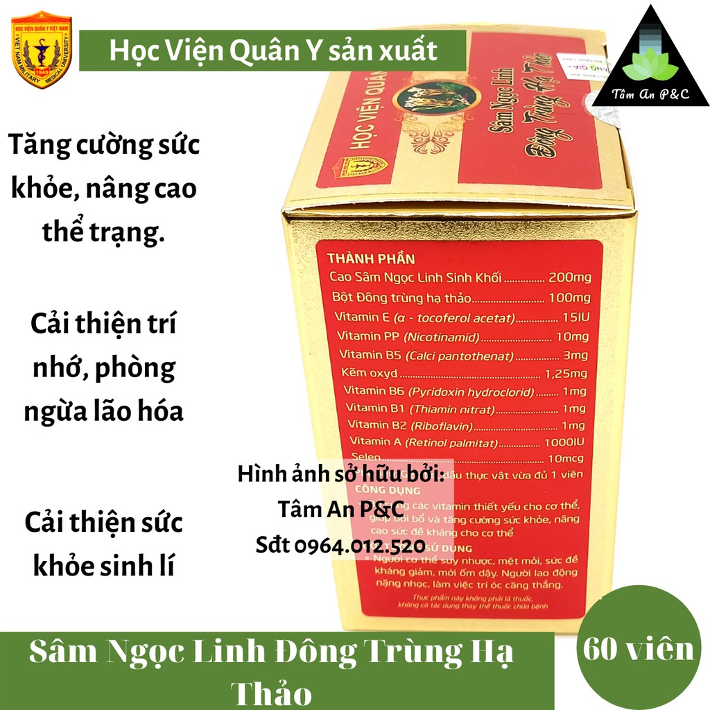 Sâm Ngọc Linh Đông Trùng Hạ Thảo Học Viện Quân Y (hộp 60 viên) Giúp tăng cường sức khỏe- CHÍNH HÃNG HVQY