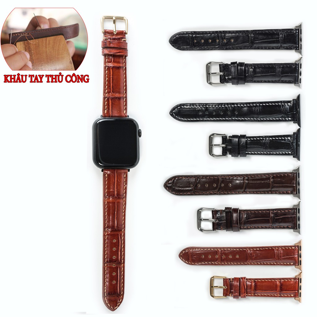 Dây apple watch da cá sấu đốt tre-khâu tay thủ công D108- dây apple watch series 3 series 4 series 5-Bụi leather