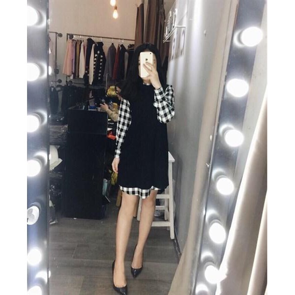(Bỏ sỉ)Đầm suông đen phối caro tay dài bao chất, đẹp y hình siêu cute
