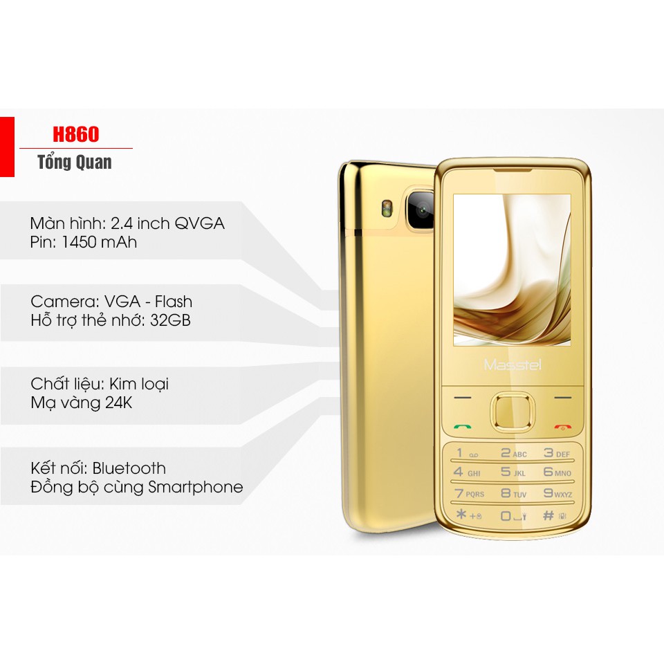 {Không bao gồm Pin) Điện thoại Masstel H860 Mạ Vàng 24K (Hàng chính hãng)