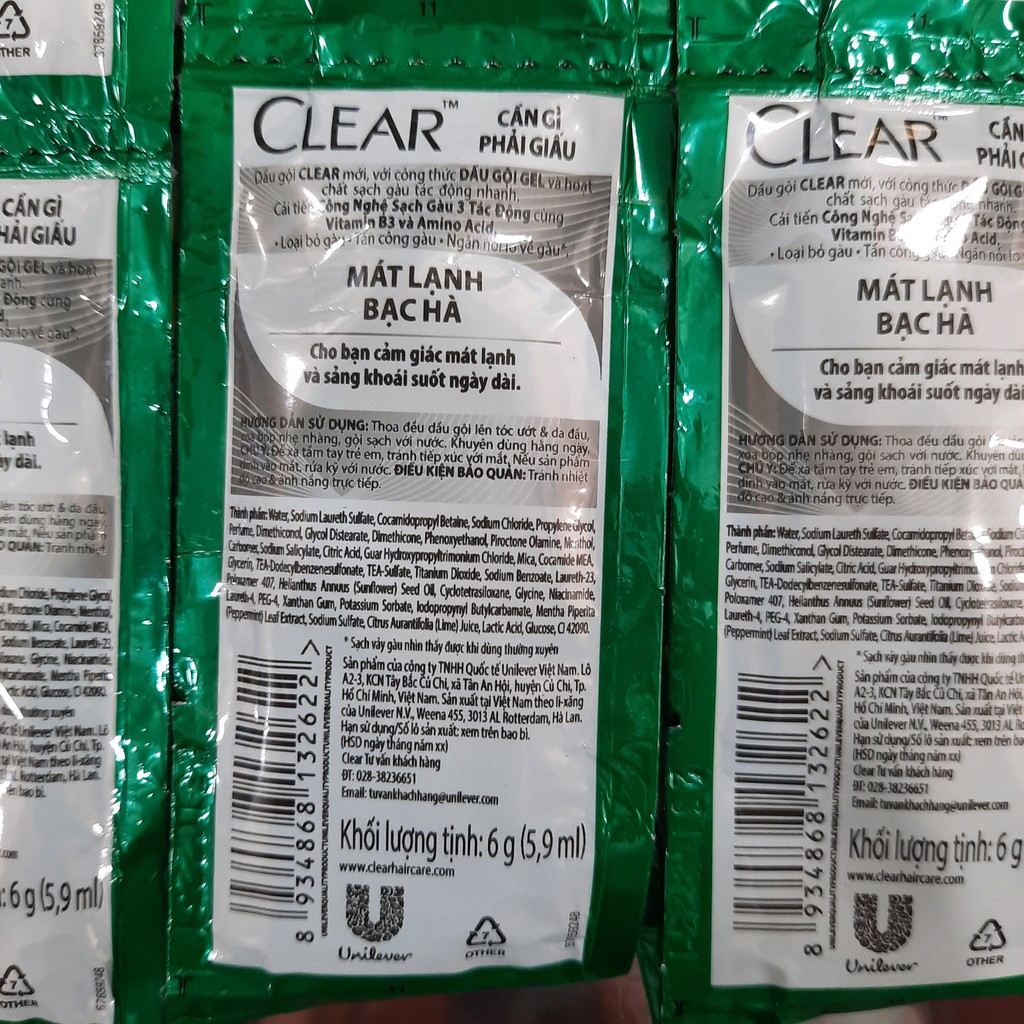 1 dây (10 gói) dầu gội sạch gàu Clear mát lạnh bạc hà x7g