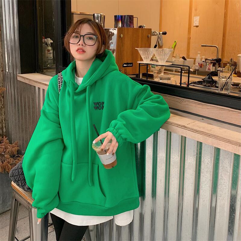 Áo len của phụ nữ trong triều cộng với nhung dày dặn của Mỹ retro màu xanh lá cây lỏng lẻo Hàn Quốc có mũ trùm đầu mùa thu và mùa đông mới 2021 | BigBuy360 - bigbuy360.vn