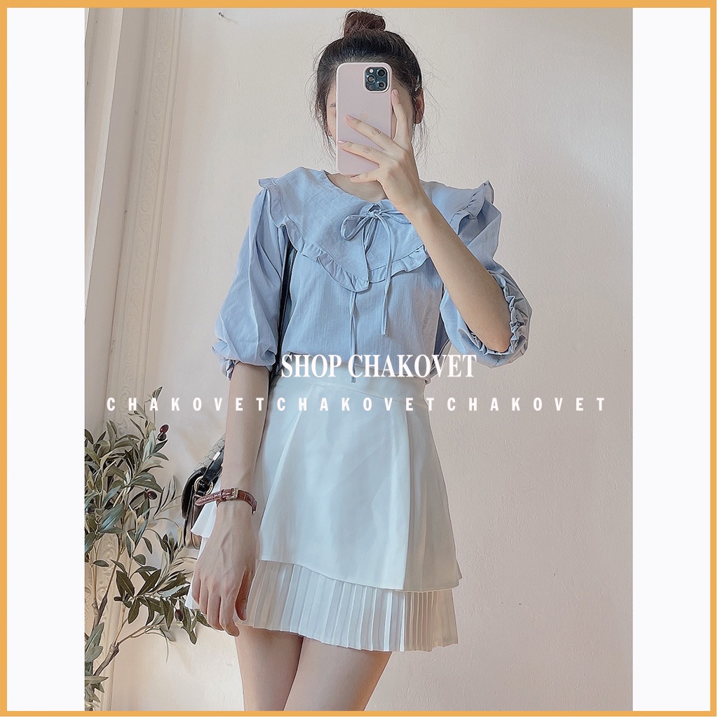 Áo kiểu nữ hàn quốc bánh bèo CKA880, sơ mi nữ tay lỡ cổ bèo buộc nơ tay bo chun thích hơp mặc đi làm đi học | BigBuy360 - bigbuy360.vn