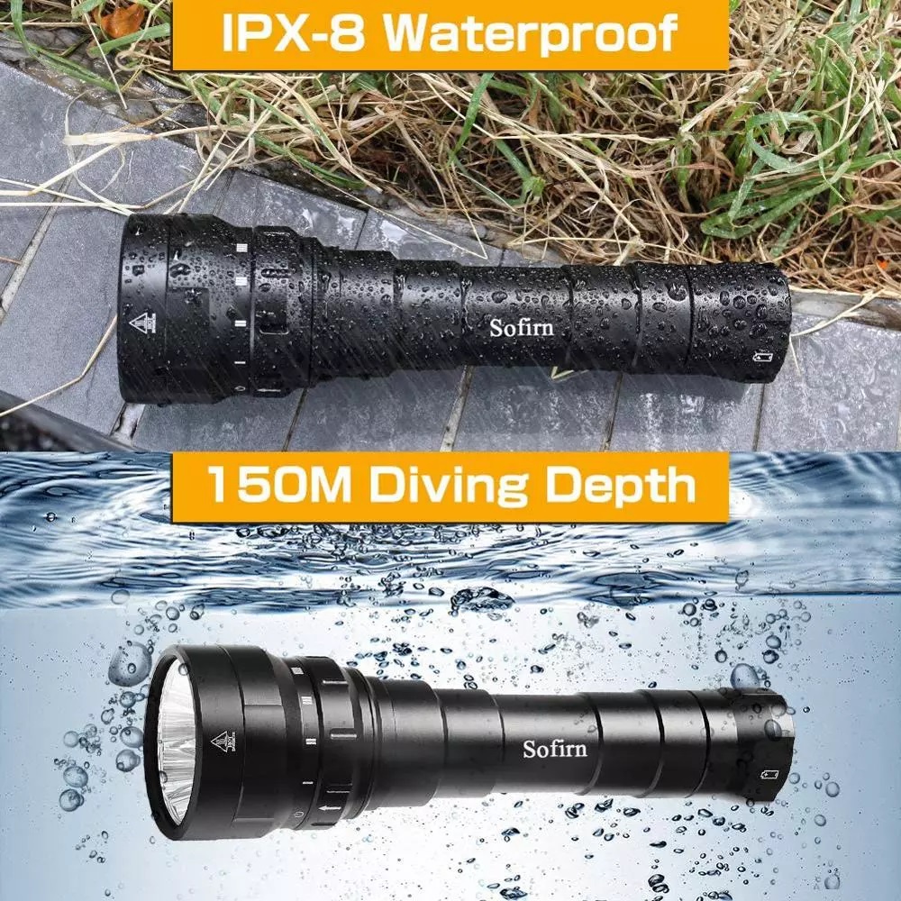 Đèn lặn SOFIRN DF60 độ sáng 6000 lumen chiếu xa 356m sử dụng 2 pin 26650 kèm theo