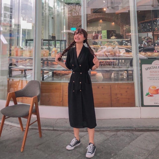 [Mã FATHANG5 giảm 10K đơn 50K] 🖤🖤Đầm Cổ Vest Nút 2 Túi Dáng Dài ♥️♥️