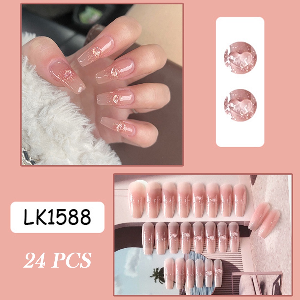 Set 24 miếng gắn móng đính nơ dáng dài thời trang có keo tháo rời được tiết kiệm thời gian
