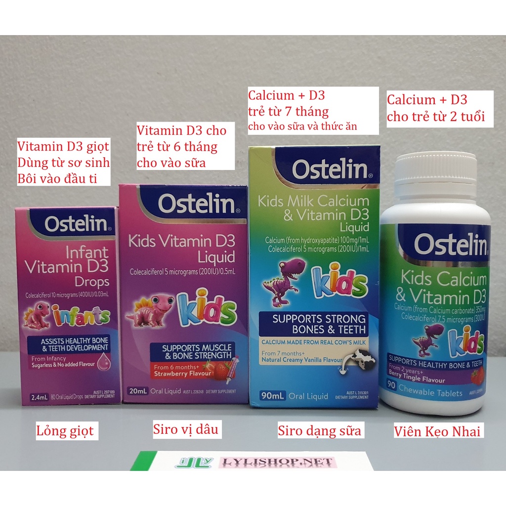 Vitamin D3 và Canxi cho bé [Úc] Ostelin Kids - 90 viên nhai, 90ml uống, 20ml uống, 2.4ml giọt sơ sinh