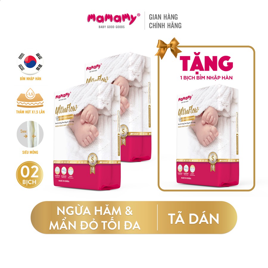 Tã dán Mamamy Ultraflow nhập khẩu Hàn Quốc size S54 M46 L42 XL36 - Combo 2 bịch tặng 1 bịch