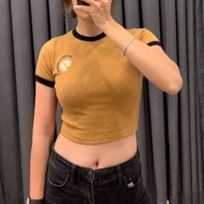 Áo Croptop Thun Gân Ngắn Tay Viền Thêu Hoa Cúc Body LACA STORE L8-1