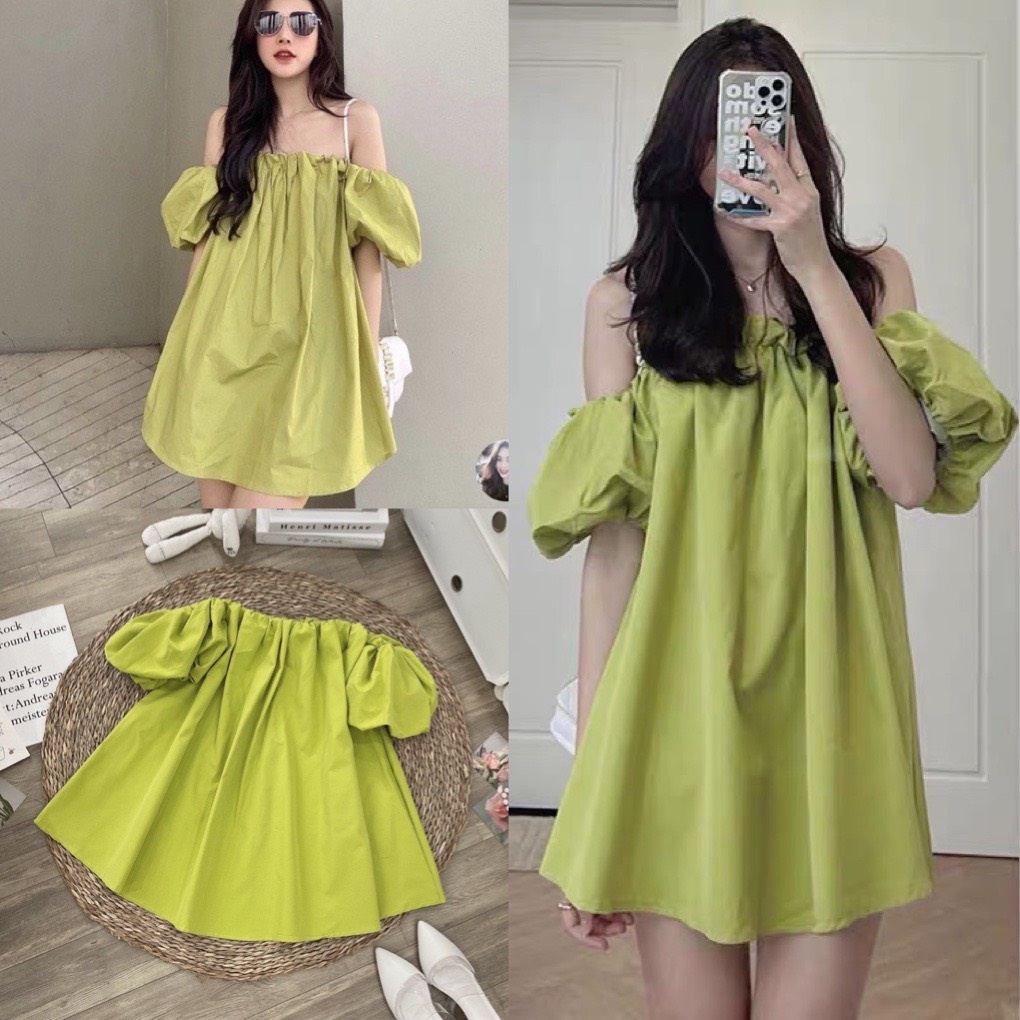 Áo trễ vai tay bồng- đầm babydoll hở vai màu XANH CỐM chất thô mềm phong cách ulzzang hàn quốc