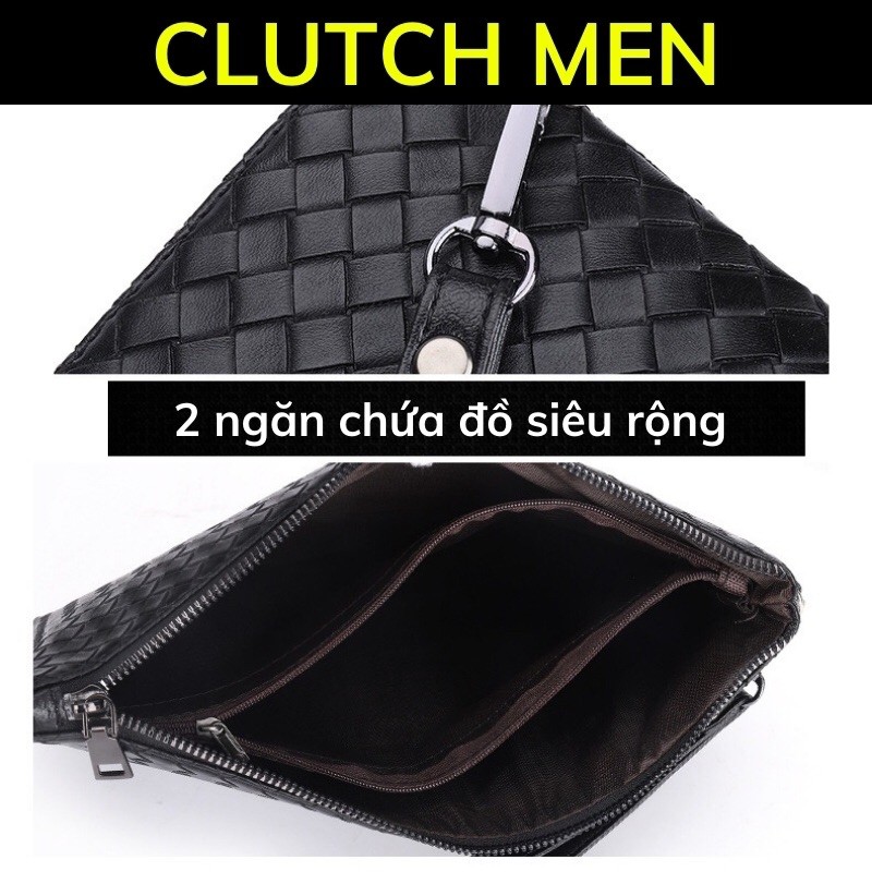 Ví cầm tay Nam 2021 -BH 24 tháng- ví da nam đan tay thủ công- clutch nam màu đen