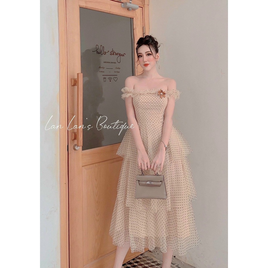Đầm thời trang nữ đi tiệc, đầm chất voan lưới trễ vai nhiều tầng có mút ngực , đầm chấm bi đính hoa đi tiệc cựcsangchảnh