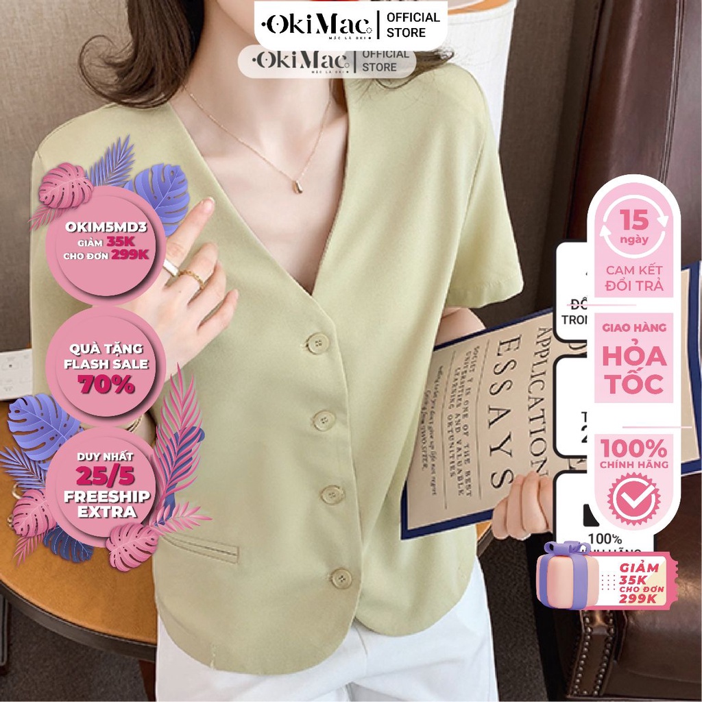 Áo sơ mi nữ ngắn tay cổ tim chữ v phong cách ulzzang hàn quốc đẹp chất lụa ý cao cấp không nhăn thời trang nữ OKIMAC