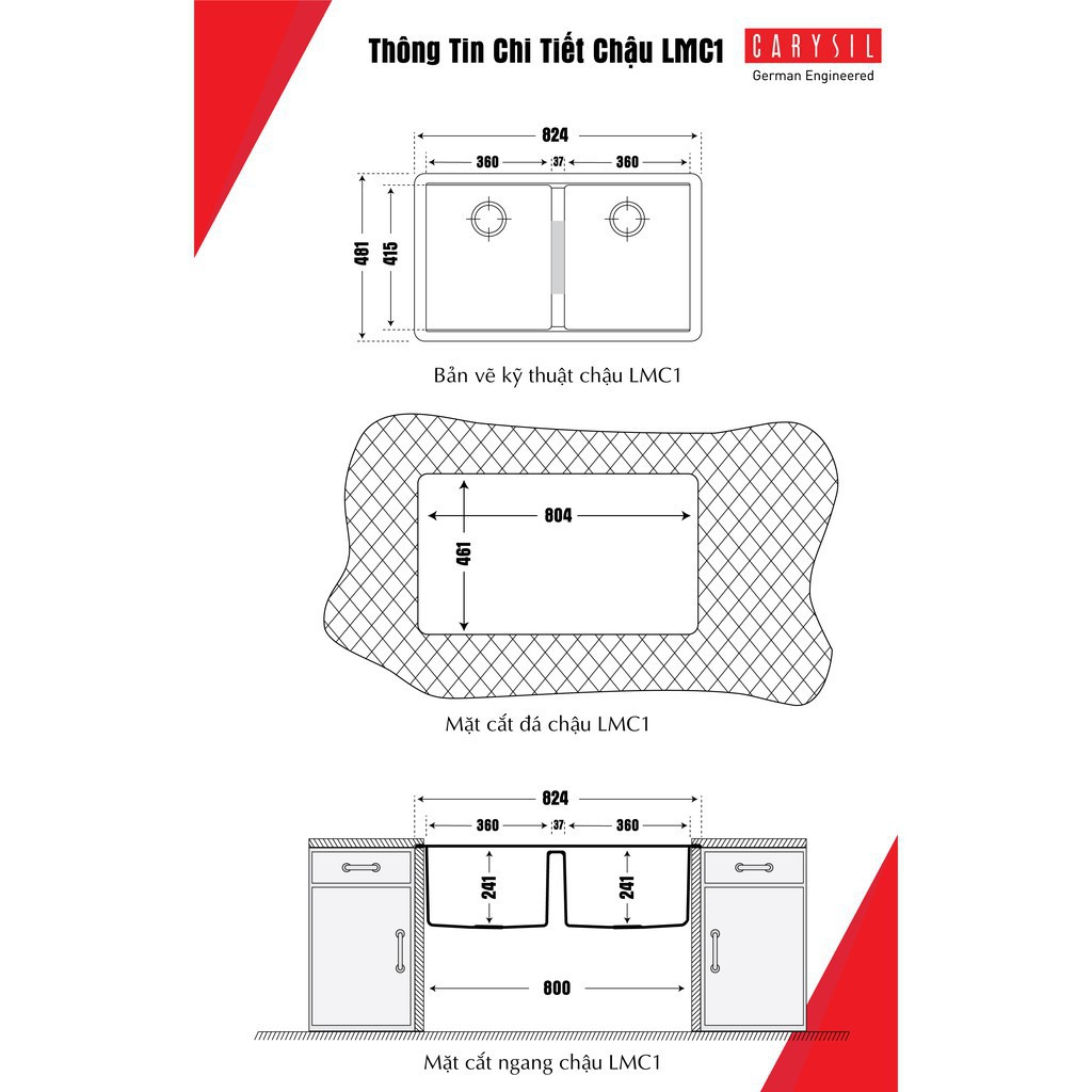 Chậu Rửa Chén Bằng Đá CARYSIL Gắn Âm Mặt Đá  LMC1-03  Màu Đen 824x481mm