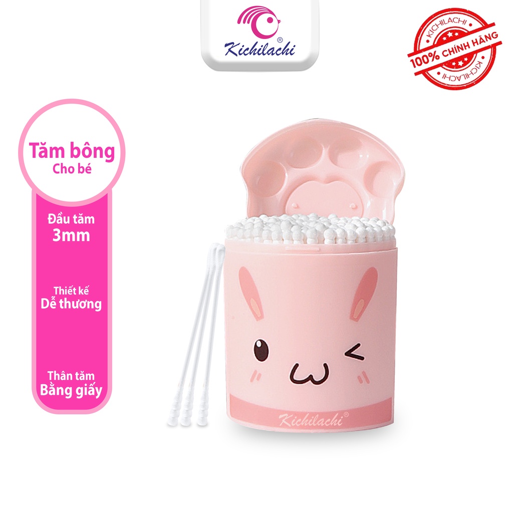 Bông ngoáy tai, Tăm bông ngoáy tai cho sơ sinh, trẻ em Kichilachi màu hồng thân giấy 200 que-Shop Mẹ Khoai