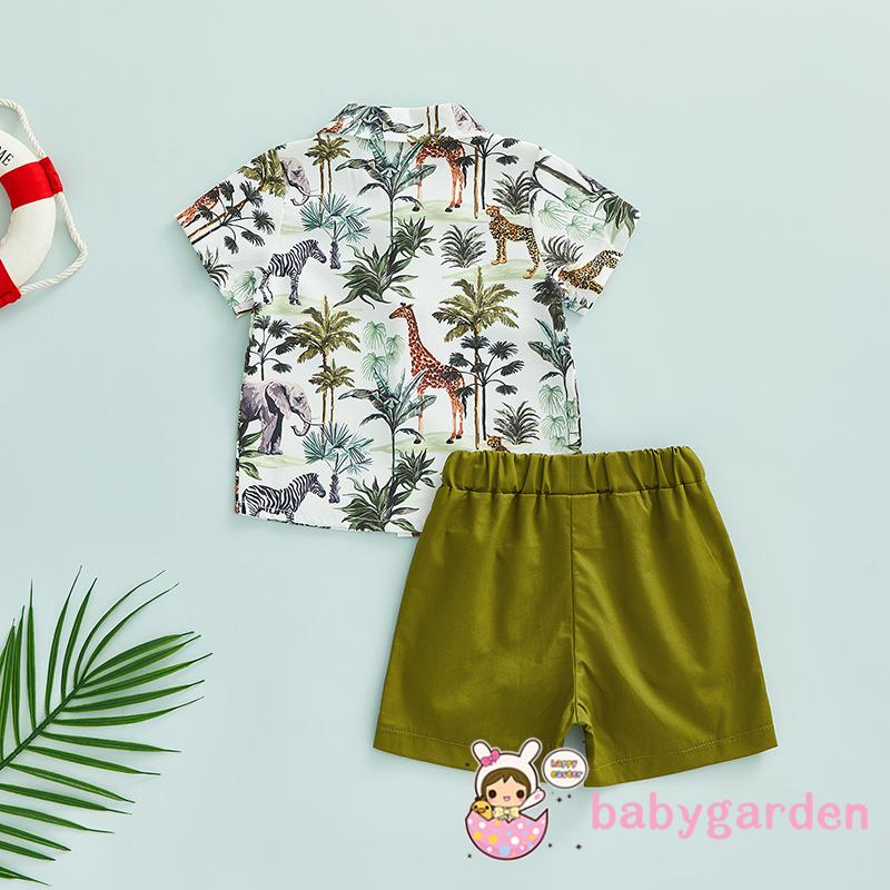 Bộ Áo Sơ Mi Ngắn Tay Cài Khuy + Quần Short Màu Trơn In Hình Cây Và Động Vật Dễ Thương Cho Bé Trai 3-24 Tháng Tuổi