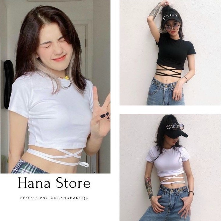 Áo croptop cổ tròn ngắn tay đan dây bụng siêu hot