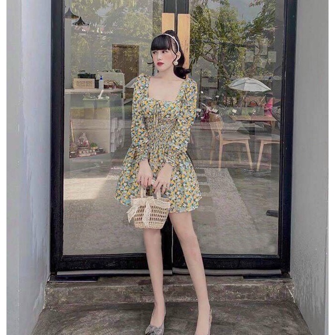 Váy Nữ Voan Hoa Tay Dài Hoa Nhín, Dập Ly Nhún Ngực 2 Màu Trẻ Trung Thời Trang [ Tubaby ]
