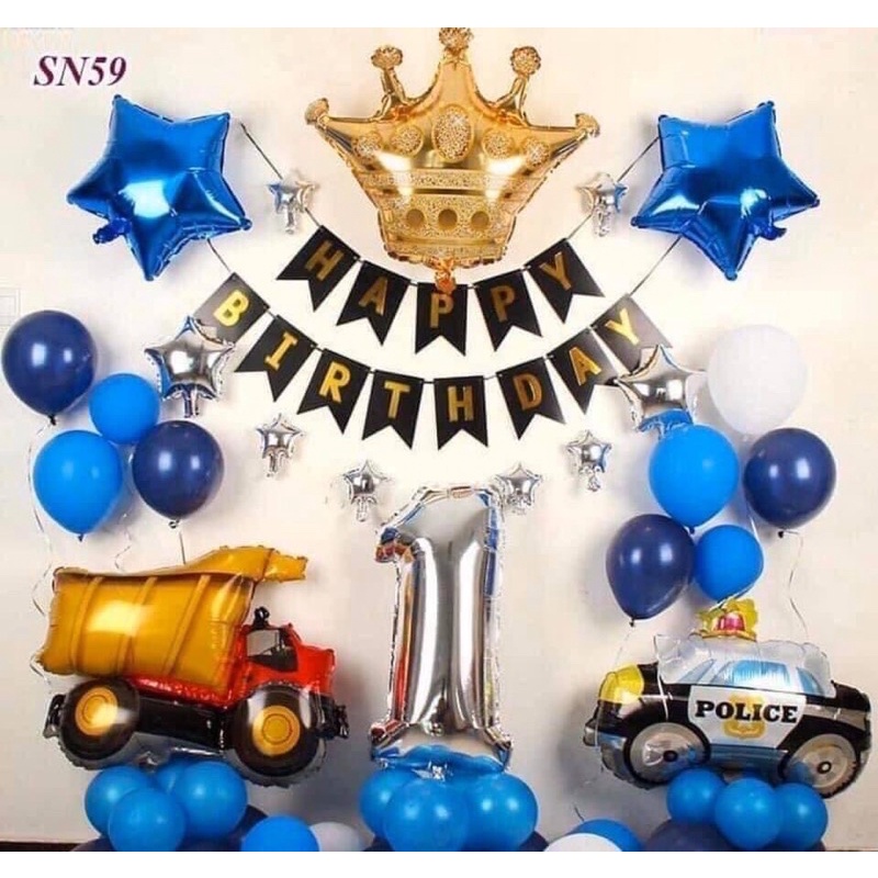 Set bong bóng phụ kiện trang trí sinh nhật, party cho bé trai, họa tiết xe cảnh sát, xe cứu hỏa
