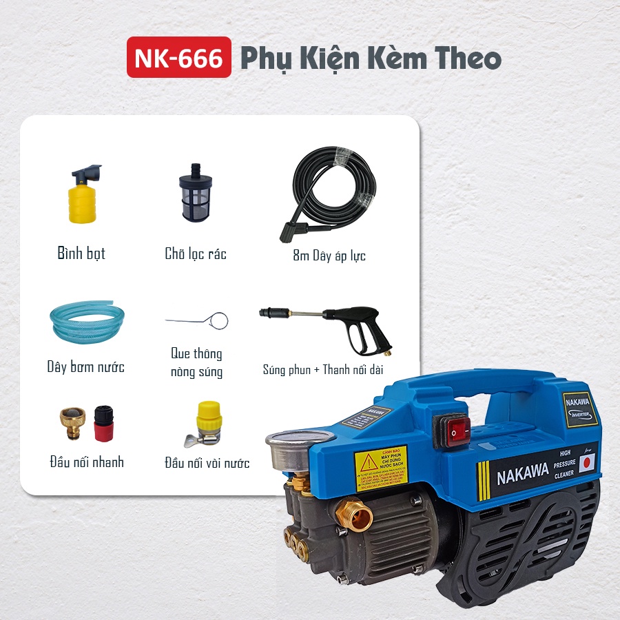 Máy rửa xe NAKAWA NK666 công suất 2300W, Motor từ dây Đồng dùng cho gia đình phun rửa sân, ô tô, xe máy