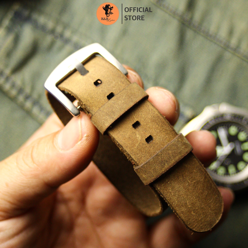 Dây Nato Da Bò Thật Bền Đẹp Sáp Ngựa Điên Cực Chất Cho Seiko 5 Quân Đội