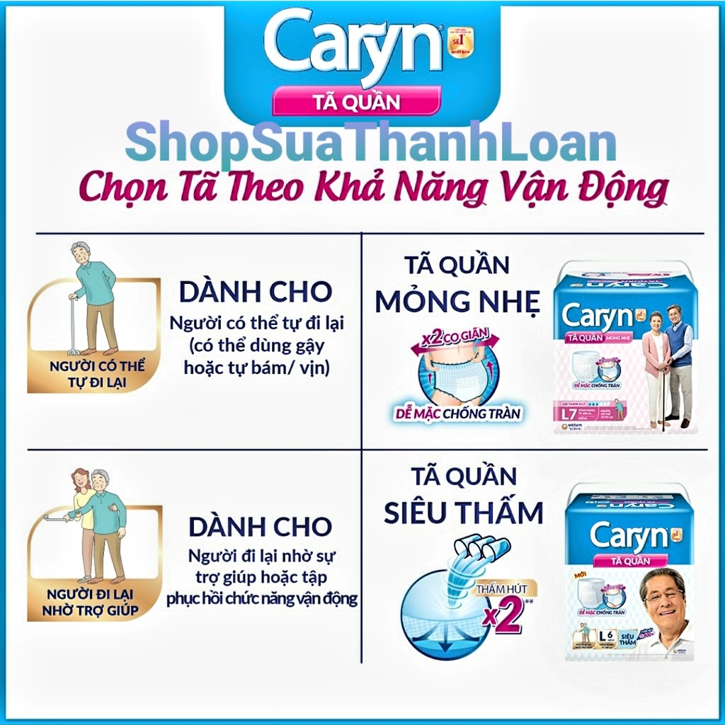 [tặng 2 miếng] Tã Quần Người Lớn Caryn Mỏng Nhẹ Chống Tràn Size L 14 Miếng