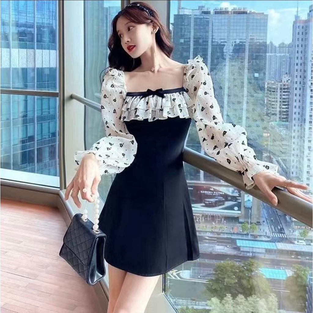 Đầm tay dài cổ vuông họa tiết phong cách vintage