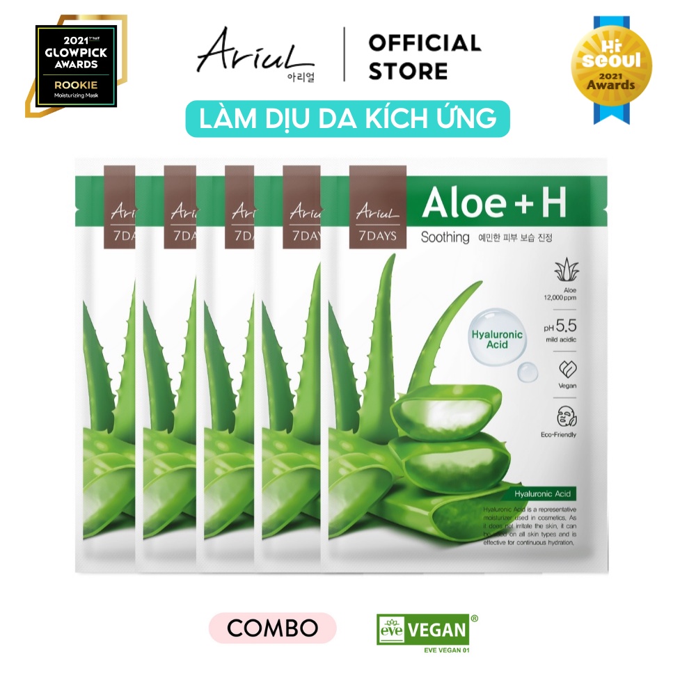 Combo 5 mặt nạ ARIUL 7 Days Lô Hội ALOE + Hyaluronic Acid 23ml